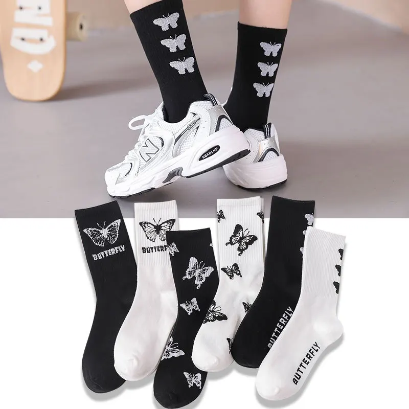 

Women Cotton Socks Black White Butterfly Print Casual Personality Anime Fashion Socks Trend For Girls Breathable And Comfortable