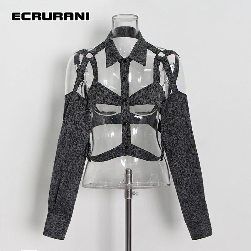 ECRURANI Cut Out Black Women's Blouse Lapel Long Sleeve Casual Patchwork Solid Short Shirts For Female 2022 Fashion New Clothing