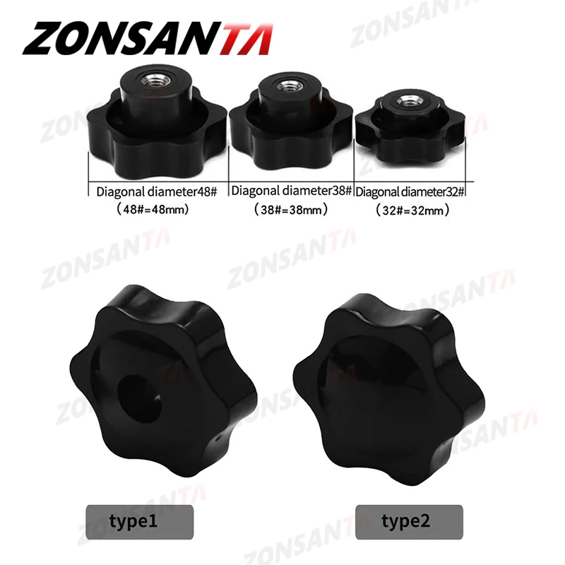 ZONSANTA Plum Bakelite Hand Tighten Nuts M4 M5 M6 M8 M10 Plastic Head Hand Nut Black Handle Thread Star Clamping Knob Manual Nut