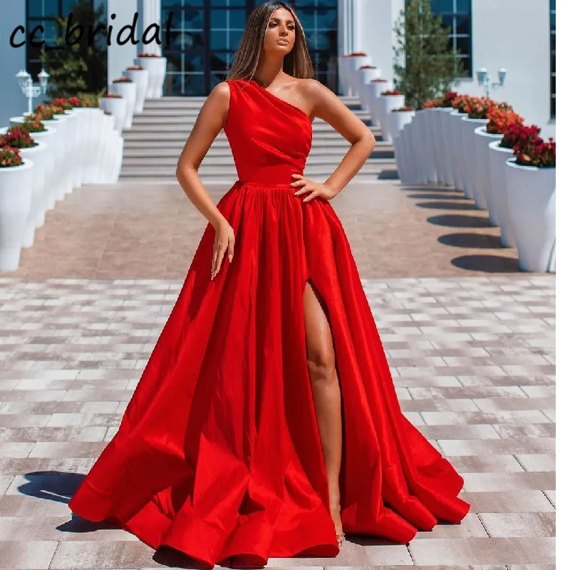 

Elegant One Shoulder Prom Dresses Long 2020 Luxury Red Satin Dress Woman Party Night With Pocket High Split rochii Evening Gown