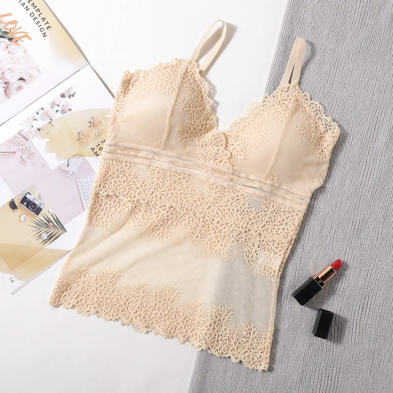 Transparent Lace Tops Women Tank Top Sexy Lingerie Deep V Beauty Back Tanks Sexy See Through Underwear Padded Camisole Femme