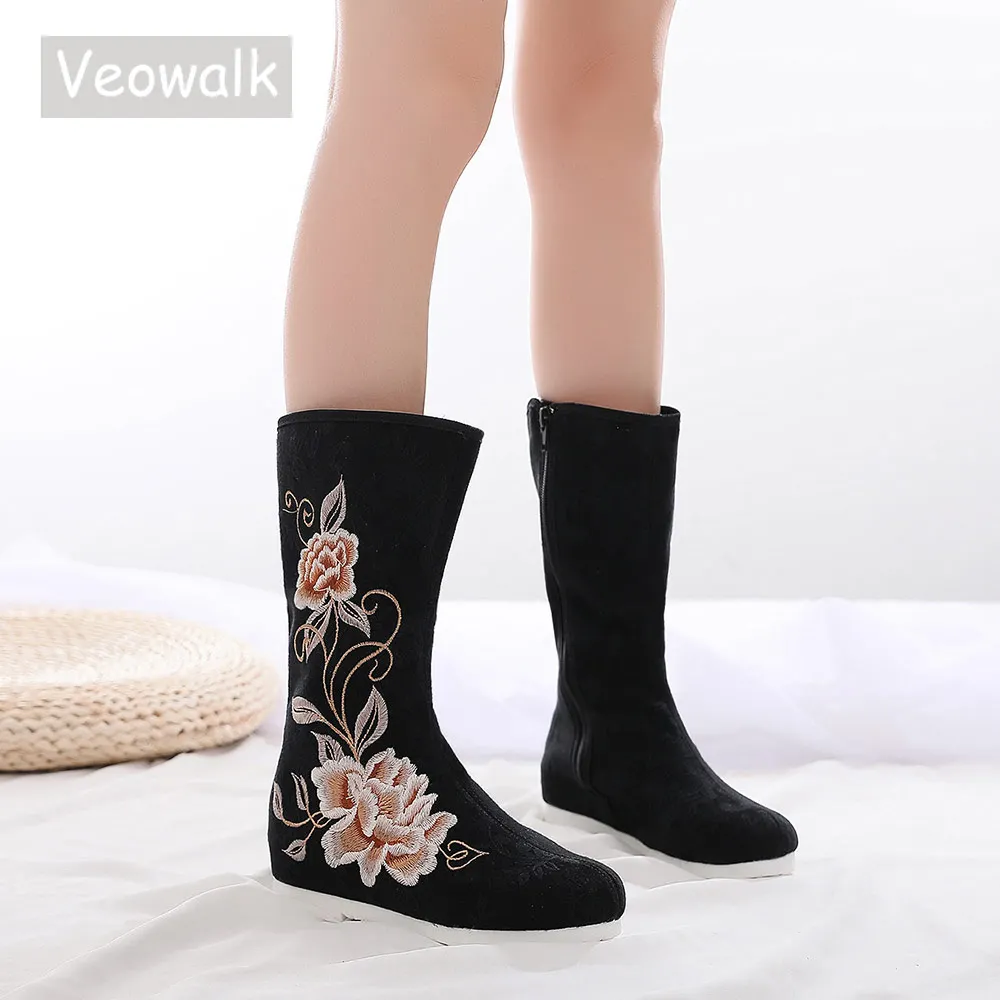 Veowalk Women Canvas Mid-calf Flat Boots Winter Autumn Comfortable Embroidered Ladies Shoes