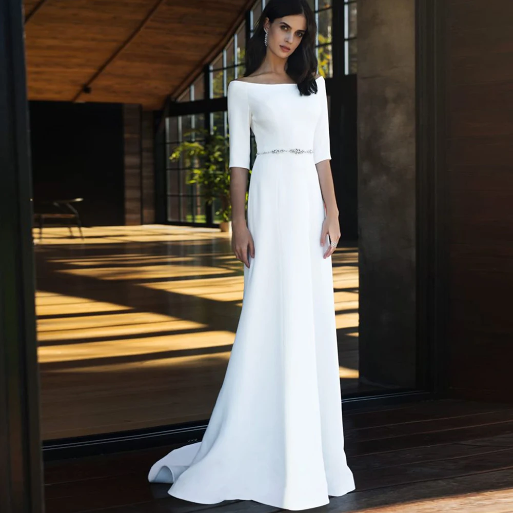 

2025 Simple A-Line Wedding Dress Satin Off the Shoulder Beads Sash Bridal Gown Vestidos De Noiva