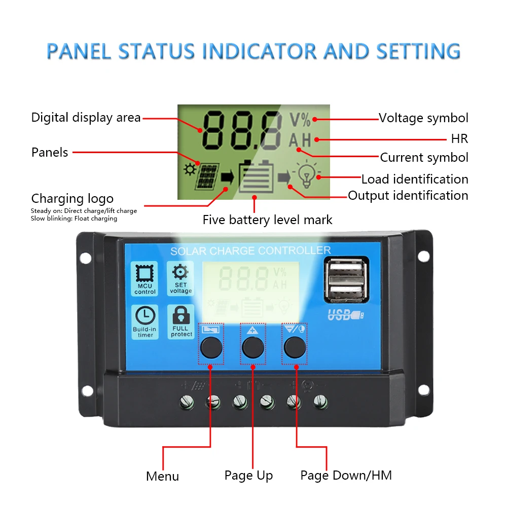 30A/20A/10A Solar Charge Controller 12V 24V Auto PWM Controllers LCD Dual USB 5V Output Solar Panel PV Regulator Dropshipping