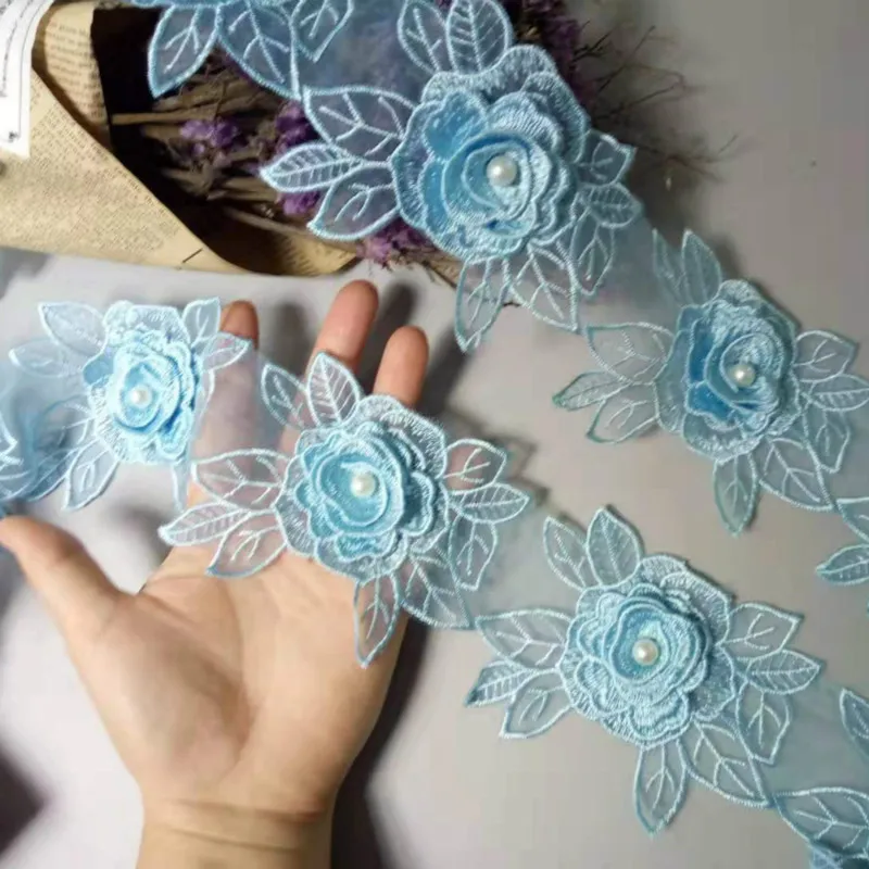 3 yard Blue Polyester Rose Flower Handmade Embroidered Fabric Lace Edge Trim Applique Ribbon DIY Sewing Craft Decoration 10cm