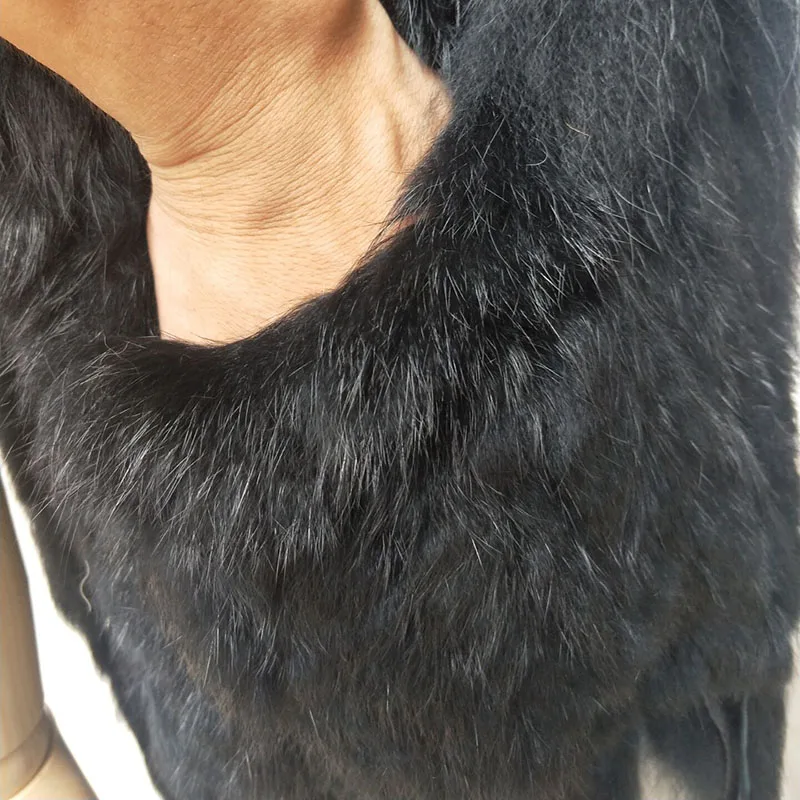 2020 Autumn Knitted Real Rabbit Fur Vest With Pocket With Tassel Women Fashion Sleeveless Long V-Neck Casual Loose Fur Gilet