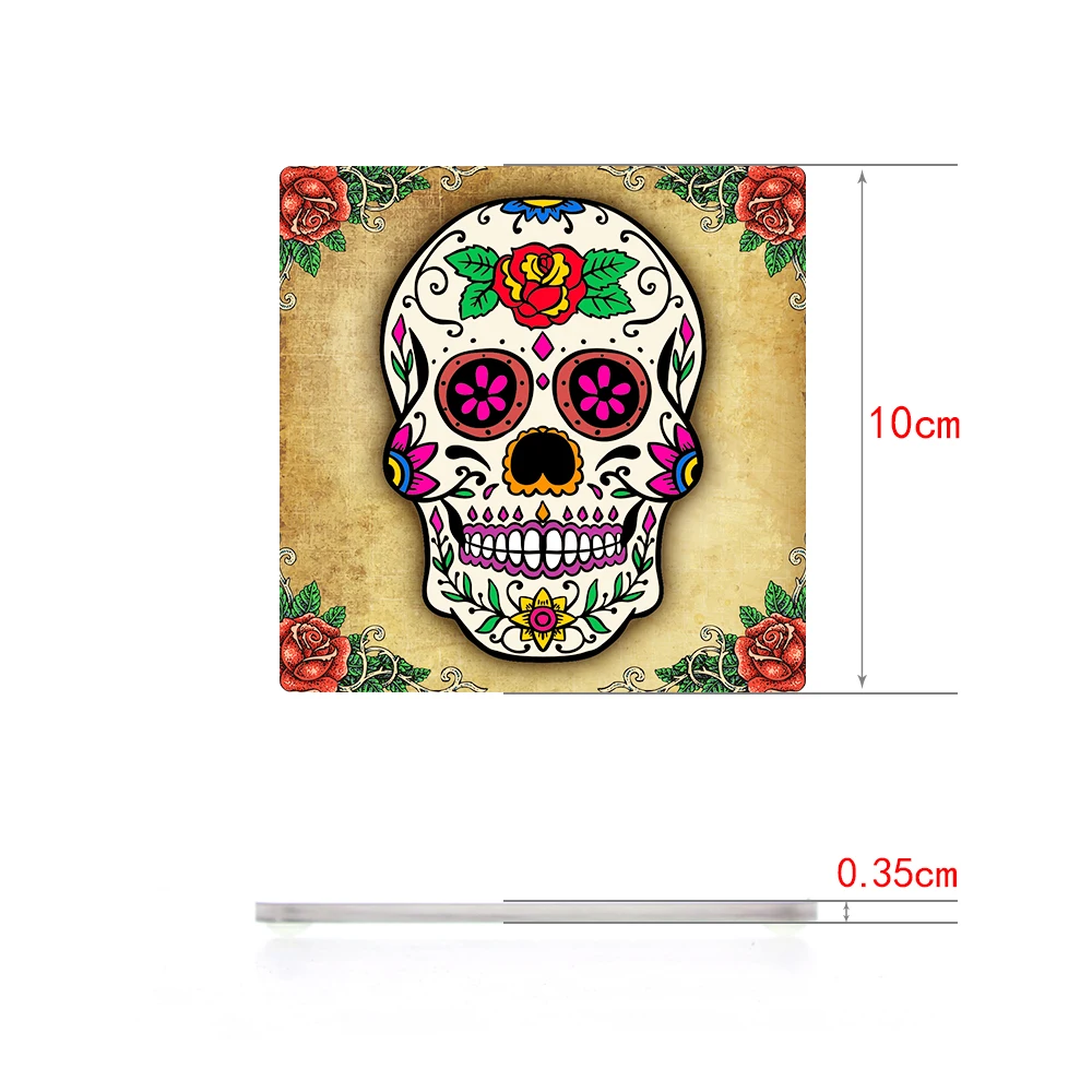 Set of 6 Floral Sugar Skull Acrylic Table Coasters Candy Skull Day of the Dead Kitchen Decor Decorated Skeleton Party Favors