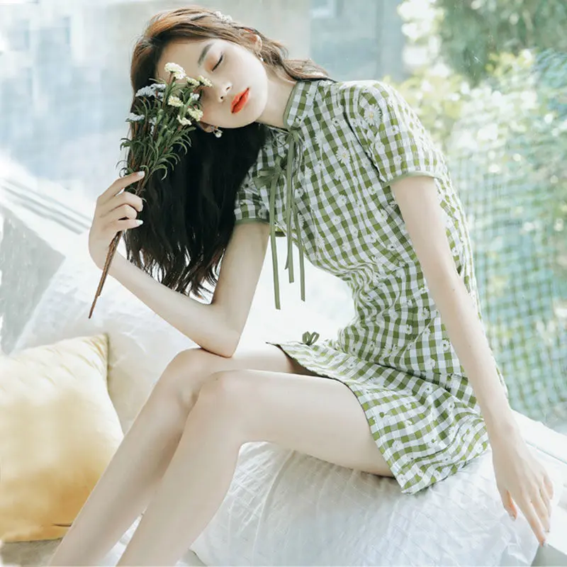 New Young Girl Summer Dress Elegant Plaid Cheongsam 2021 Retro Qipao Green Improved Modern Oriental Dress