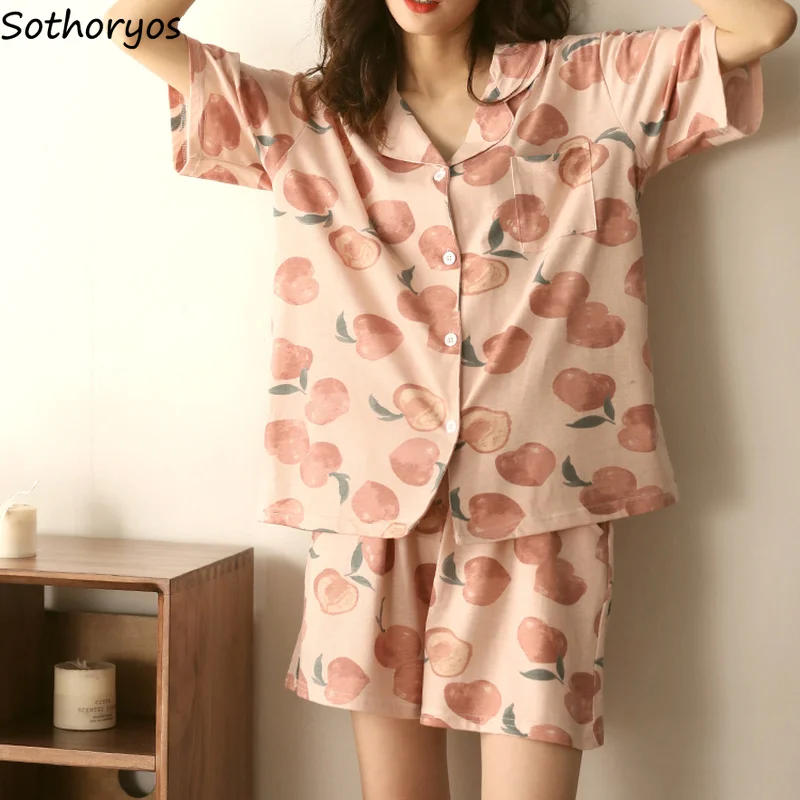 

Women Pajama Sets Short Sleeve Print Turn-down Collar Fashion Loose Cozy Lounge Wear Korean Style Cute Elegant Teens Retro M-4XL