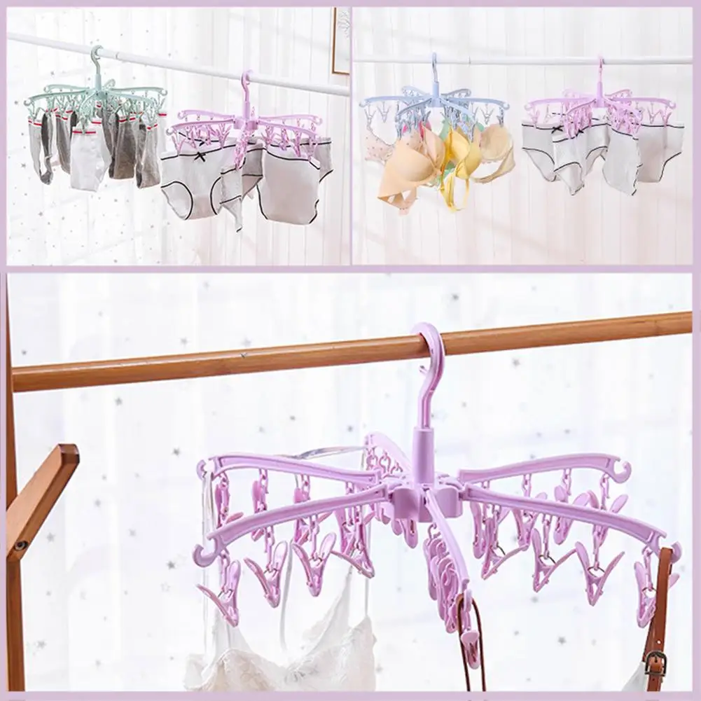 Clothes Drying Hanger Clothing Rack Foldable 24 Clips Plastic Sock Laundry Folding Airer Hanger Underwear Socks Holder