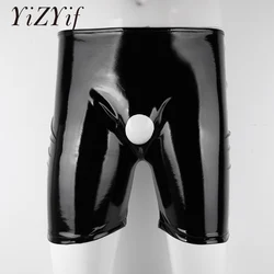 Men Open Penis Hole Shorts Latex Boxer Brifes Shiny Patent Leather Wetlook Long Leg Boxer Short Sexy Lingerie Man Exotic Panties