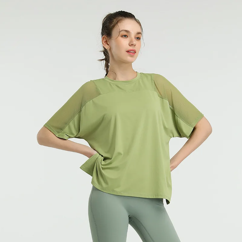 Summer Women Loose Yoga Shirts Mesh Short Sleeve T-Shirt Forked Running Sport Shirt Oversized Gym Workout Tees Top Blouse Female