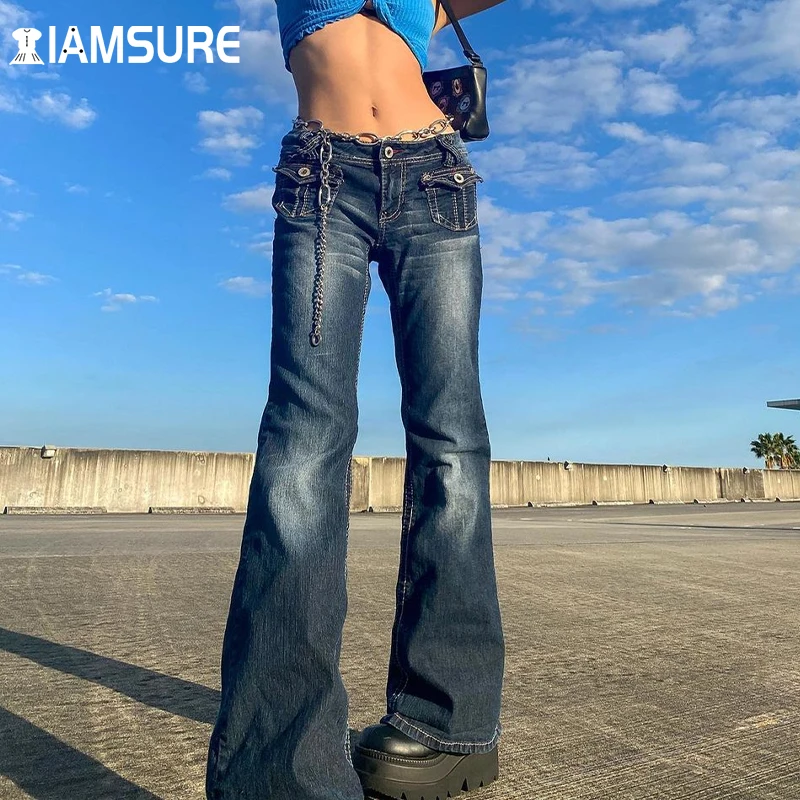 

IAMSURE Pockets Low Waisted Jeans Vintage Flare Pants Streetwear Women'S Trousers Wide Leg Pants 2021 Autumn Winter Fashion 90S