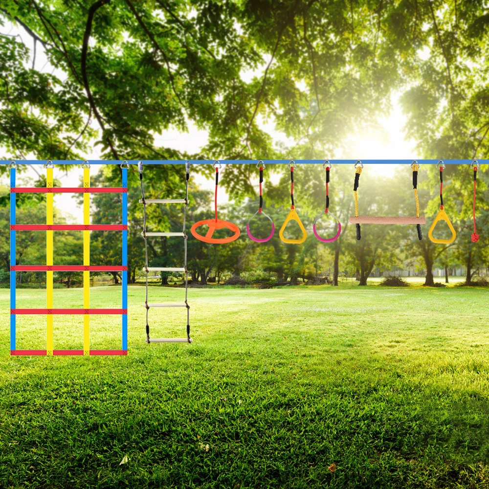 Ninja Warrior Line Hanging Obstacle Course For Kids Activities 50FT Slackline Kit Rope Training Equipment Gymnastic Rings Net