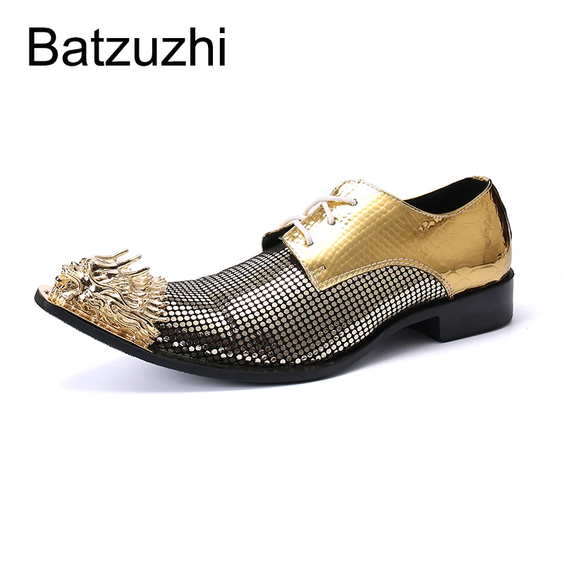 

Batzuzhi Men's Shoes Luxury Handmade Pointed Metal Toe Formal Business Leather Shoes Men Lace-up Dress Shoes for Men Party!