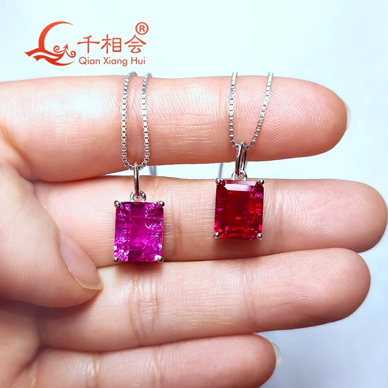 emerald shape  925 silver  red and pink color Artificial ruby 8x10mm  with inclusions  stone Jewelry for Pendant Necklace