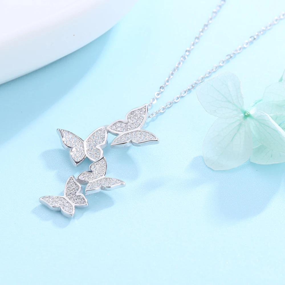 Solid 925 Sterling Silver Pendant With 40/45cm O Chain, Sparkly CZ Trendy Butterfly Necklace Fine Jewelry