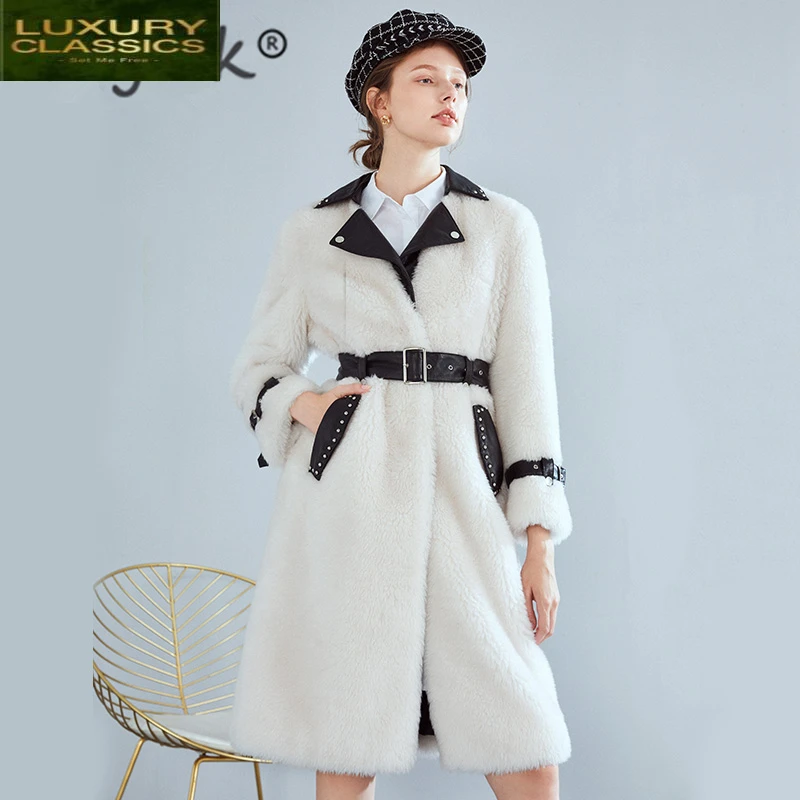 Female Real Fur Coat Winter Real Leather Jacket + Belt Korean Sheep Shearing Long Coats Ladies Thick Warm Jacket 18F34483