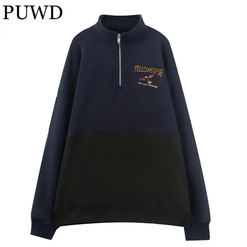 PUWD Casual Women Embroidery Cotton Oversize Sweatshirt 2022 Autumn Fashion Ladies Streetwear Sweatshirts Girls Chic Pullovers