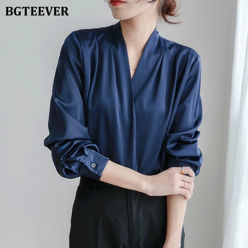 BGTEEVER Office Wear V-neck Women Satin Blouse Tops 2022 Elegant Loose Full Sleeve Ladies Pullovers Shirts Blusas femme