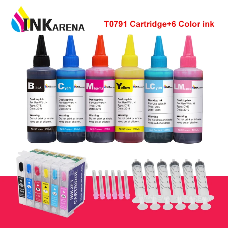 

INKARENA T0791 - T0796 Ink Cartridge + 6×100ml Bottle Refill Ink Kits For Epson Stylus Photo 1400 1500W P50 Artisan 1430 PX650