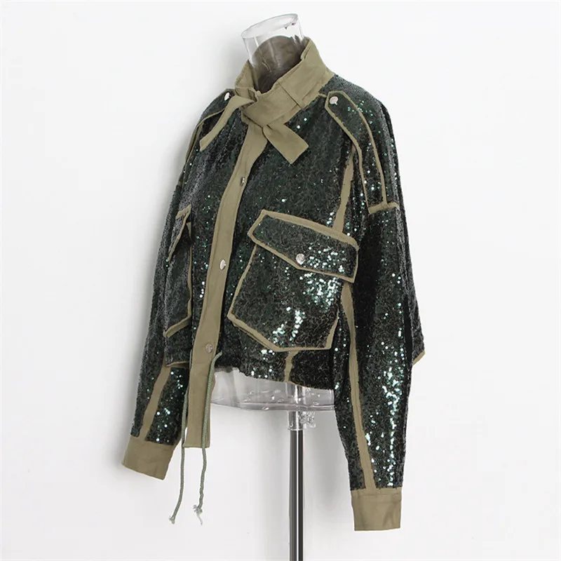 Sequins Jackets Women Fashion Short Coat 2021 New Big Pocket Spliced Loose Zipper Bomber Jacket Female Streetwear Outerwear