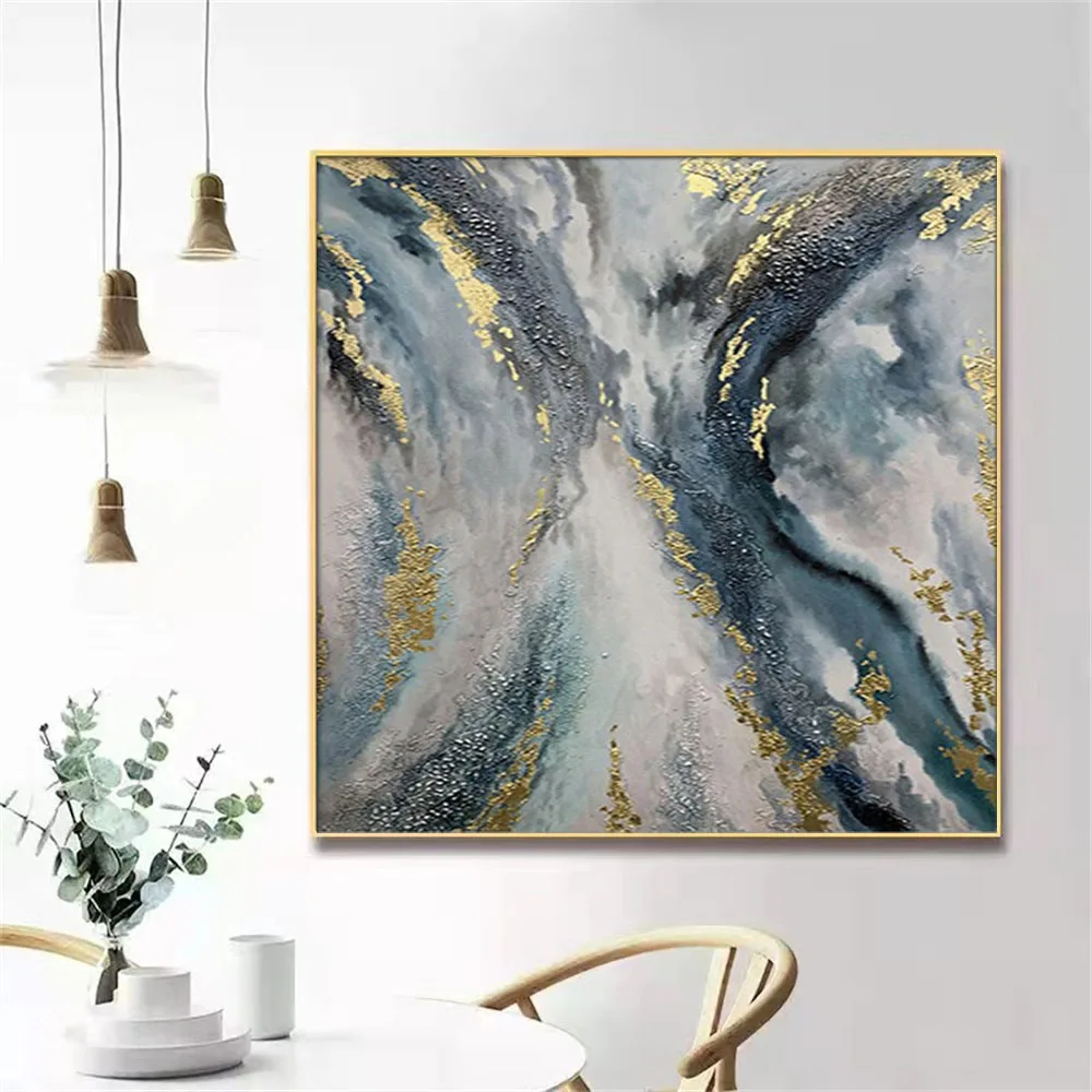 

Big Size Scenery Abstract Oil Painting 100% Hand-Painted Canvas Poster Modern Golden Blue Texture Granular Wall Art Decor Mural