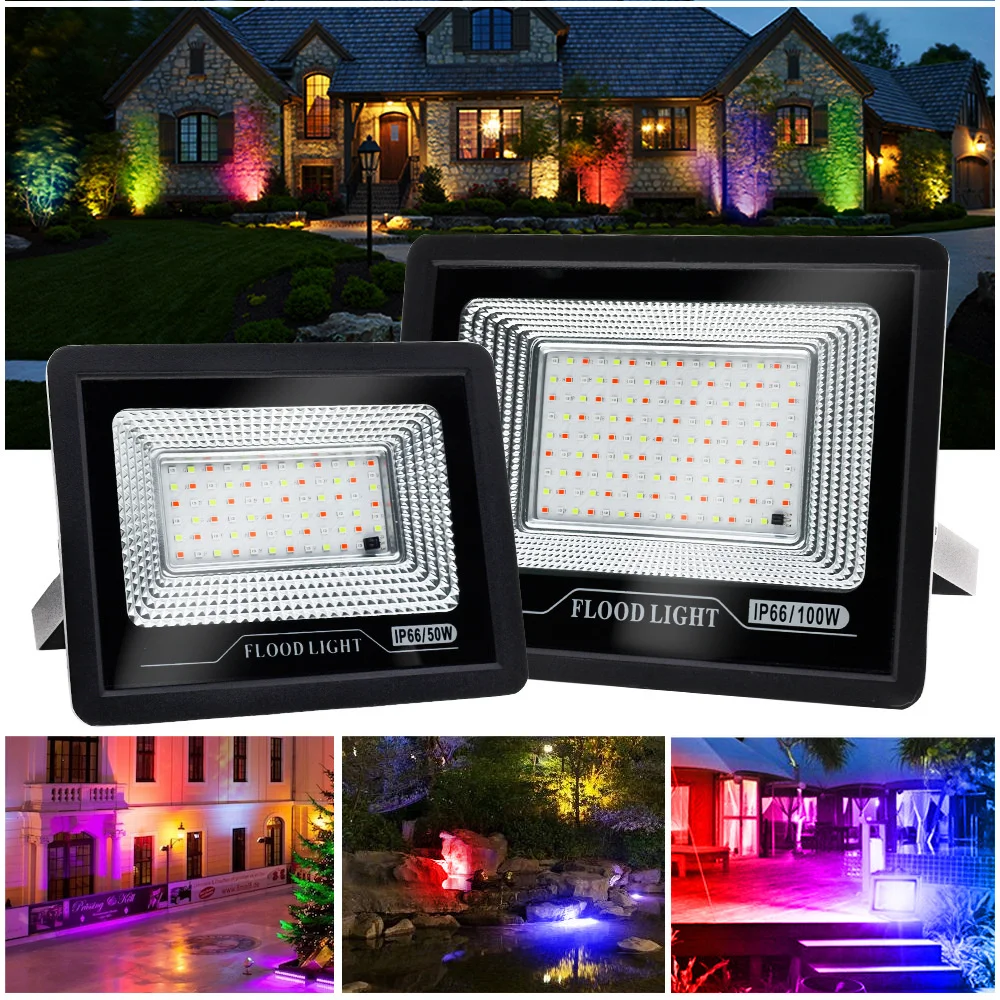 

10pcs RGB Colorful Outdoor Waterproof Colorful 100W 50w Spotlight Garden Solar LED Flood Lights Remote Control