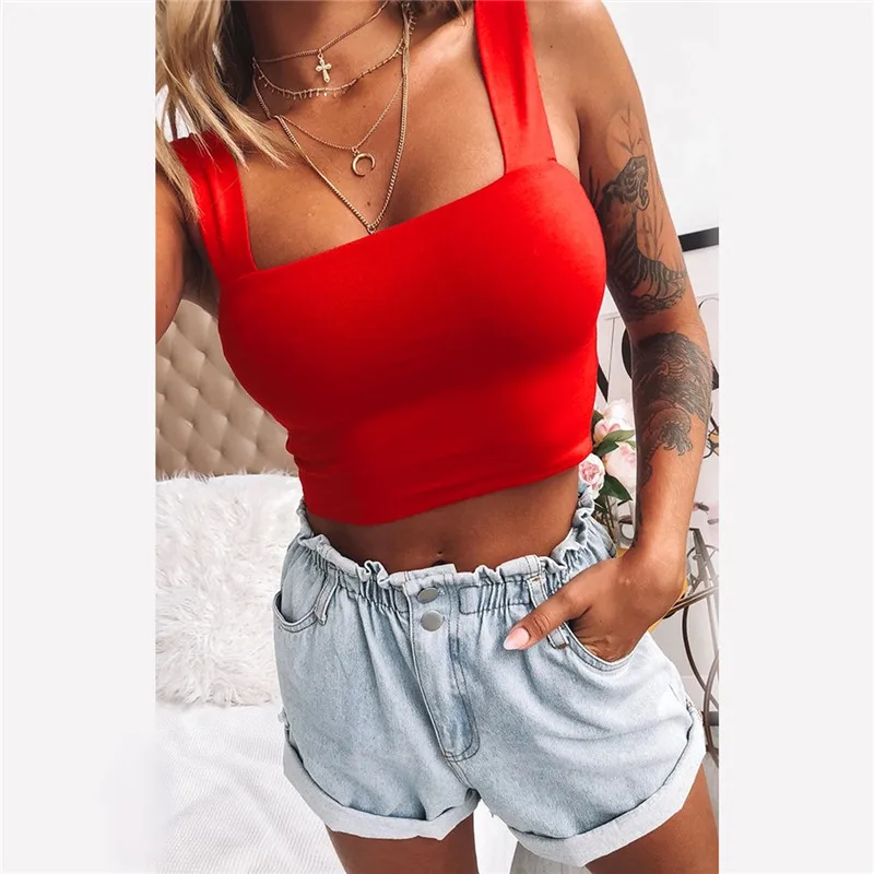 Square Neck Sleeveless Summer Crop Top White Women Black Casual Basic T Shirt Off Shoulder Cami  Backless Tank Top