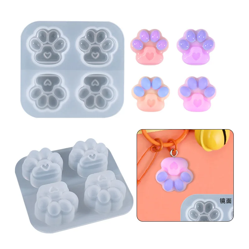 DIY Crystal Epoxy Resin Mold Mini Four-compartment Kitten Claw Keychain Decoration Silicone Mold