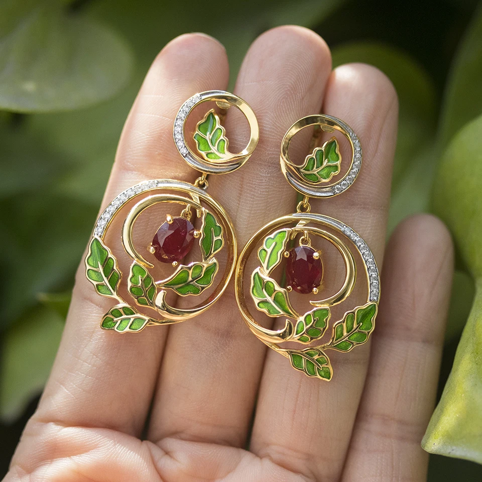 100% Genuine Ruby Dangle Leaf Earrings S925 Sterling Silver 2.8ct Precious Gemstone Enamel Women Wife Gift Yellow Gold Jewelry