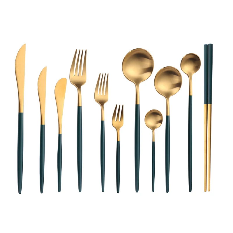 

304 Stainless Steel Dinnerware Set Green Gold Matte Cutlery Set Salad Fork Spoon Butter Knife Chopsticks Teaspoon Dessert Fork