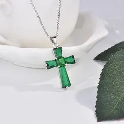 Luxury Silver Color Irregular Zircon Cross Emerald Pendant Necklaces For Women /Girls Fashion Charm Party Choker Jewelry Gift