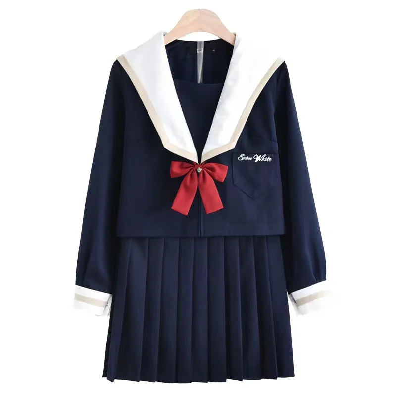 New arrival JK Uniform Set Embroidery Cute Japanese Student Sailor Collar Long-sleeve Blouse & Bow Pleated Skirt Color Navy Blue