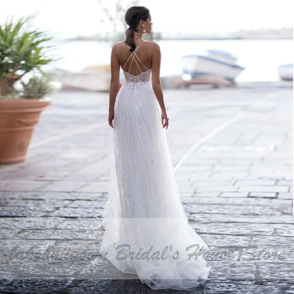 Abito da Sposa Sexy da Sposa in spiaggia 2020 Abito da Sposa Abito da Sposa in Tulle bianco trasparente con scollo a V in rilievo abiti da Sposa Boho