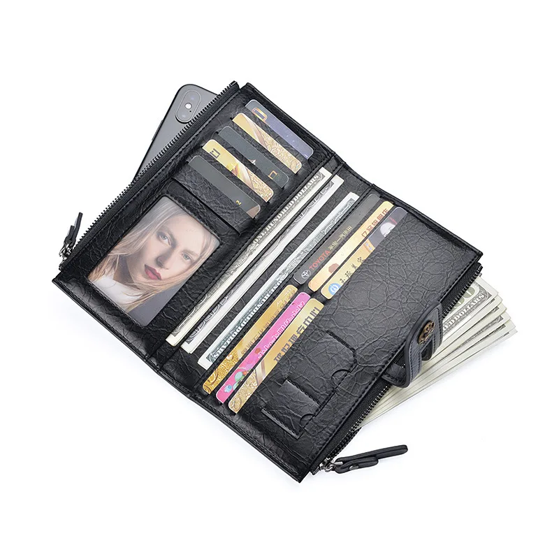 RFID men\'s wallet dual zippers leather wallet long hasp porte feuille homme luxury mens wallet leather genuine purses clutch bag