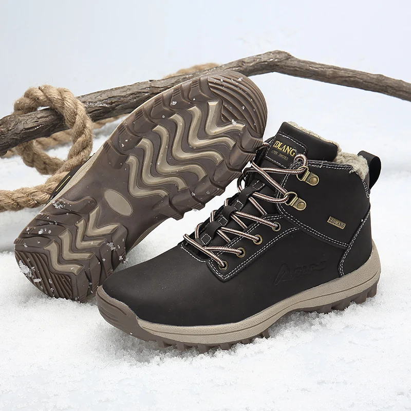 Outdoor Fashion Leather Men Boots Comfortable Men Shoes Waterproof Ankle Boots Short Plush Winter Warm Work Shoes Big Size 39~48