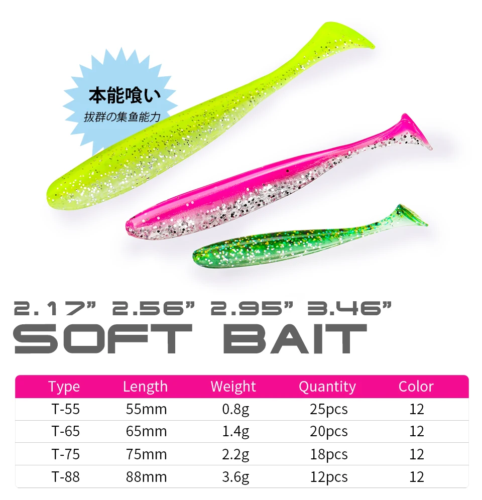 TSURINOYA 65mm 75mm T Schwanz Wrom Angelköder Weicher Köder Künstliche Köder Tackle Jerkbaits Hecht Bass – Detail 3