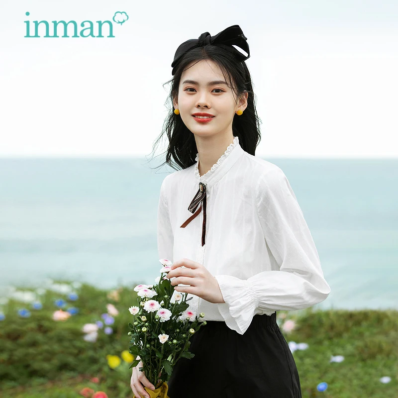 

INMAN Women‘s Blouse Spring Autumn Clothing Elegant Cotton Tops Lady Style Hollow Fungus Collar Bow Tie Long Sleeve Basic Shirt