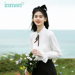 INMAN Women‘s Blouse Spring Autumn Clothing Elegant Cotton Tops Lady Style Hollow Fungus Collar Bow Tie Long Sleeve Basic Shirt