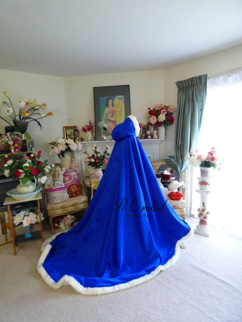 Cape de mariage en Satin bleu Royal, avec traîne, à capuche, en fausse fourrure, pour femme, pour séance Photo, hiver