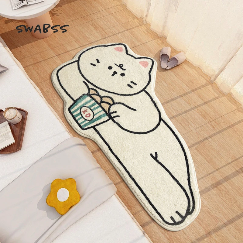 

Cute White Bedroom Carpet Cartoon Cat Shape Floor Mat Home Imitation Cashmere Carpet Doorway Non-Slip Mat Machine Washable