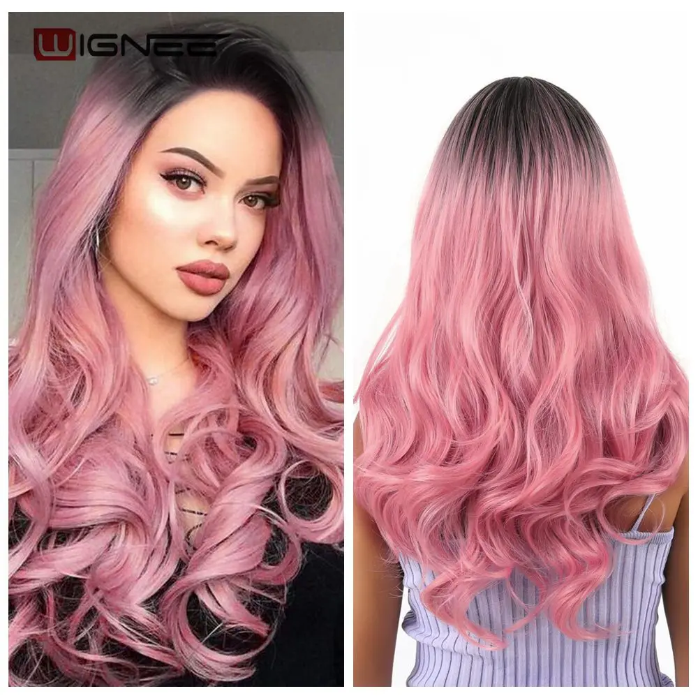 Wignee – perruque synthétique longue ondulée 2 tons, rose ombré, résistante à la chaleur, sans colle, faux cheveux naturels, pour femmes