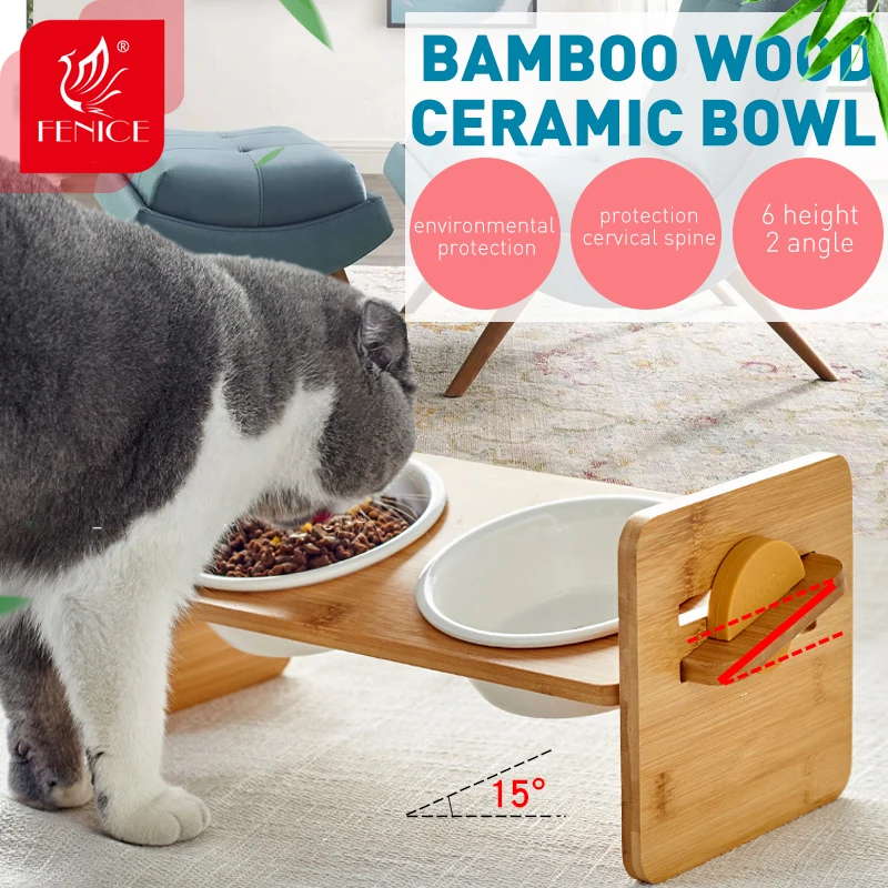 Fenice Pet Dog Bowls Elevated Heights Adjustable Bamboo Food and Water Dishes Puppy Pet Cat Neck Care Raise Stand Bowl