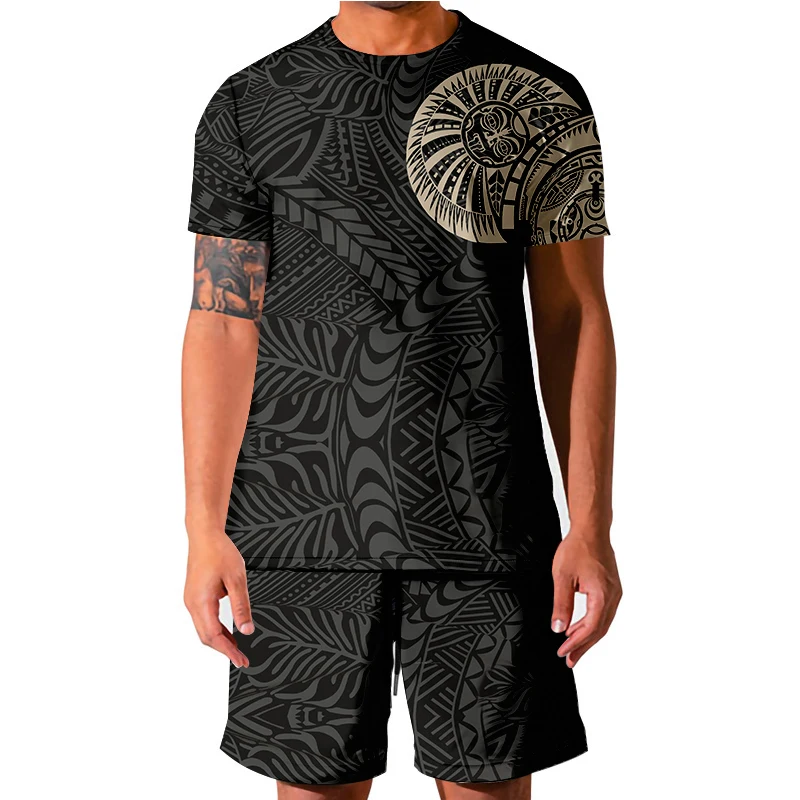 Conjunto de camiseta y pantalón corto para hombre, traje informal de estilo Tahiti polinesia, playero de manga corta, chándal con cuello redondo