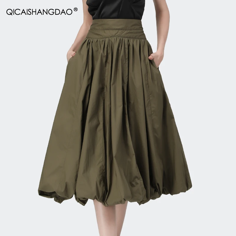 100% Cotton Army Green Pleated Skirts Fashion Spring Summer Women New Loose Elastic Waist A-Line Casual Long Ball Gown Skirts