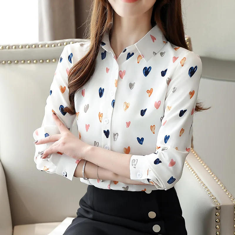 

New Heart-shaped Geometric Printing Shirt Female Long Sleeve Chiffon Sweet Fairy Top Fashionable Korean Lady's Blouses