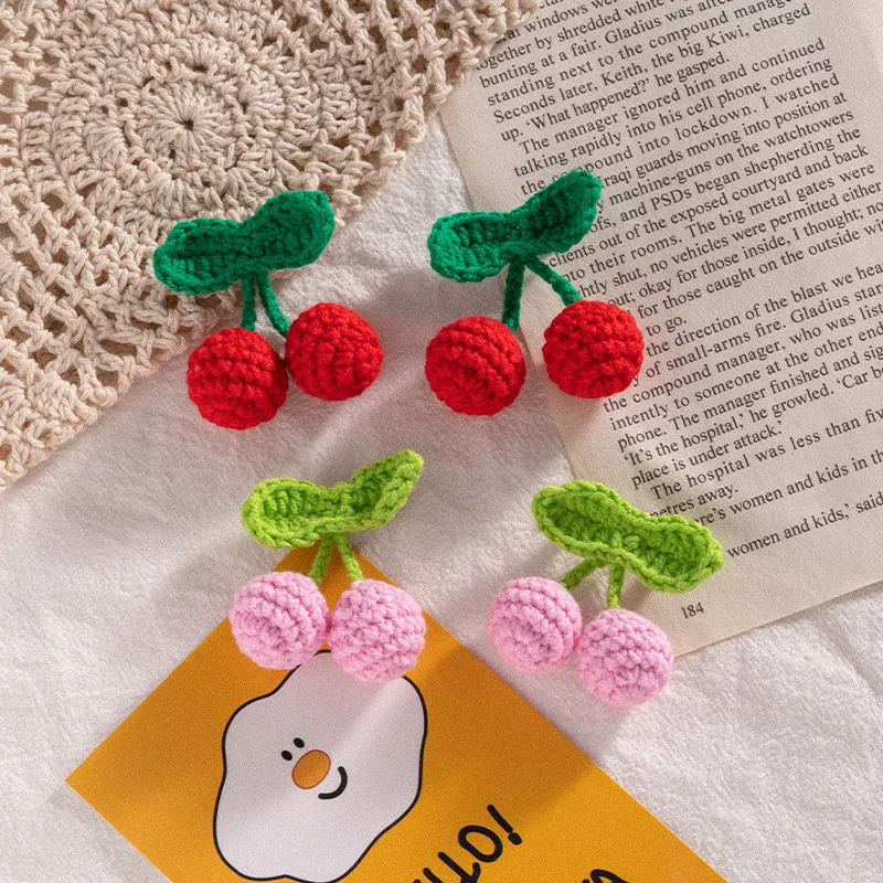 2/5Pcs Cotton Hand-knitted Woolen Green Leaf Red Cherries Crafts DIY Earrings Pendant Hair Hat Bag Key Ring Clothing Accessories