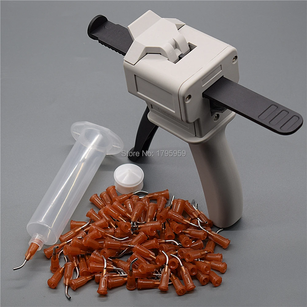 Pistola per colla 30ml pistola per calafataggio adesiva UV con punta dell'ago di erogazione affusolata piegata 100pcs 15G e barilotto della siringa dell'erogatore della colla 30cc