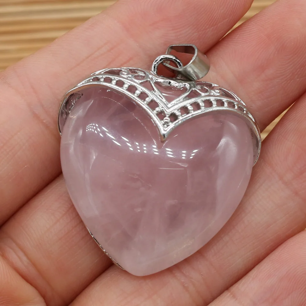 Natural Rose Quartzs Amethysts Pendant Metal Alloy Heart Shape Stone Pendants for DIY Jewelry Making Necklace 32x35mm